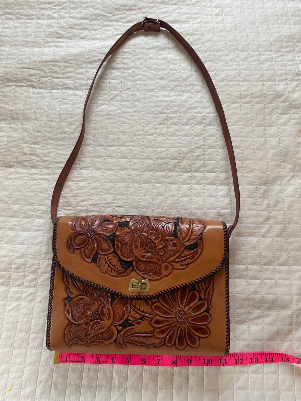 Vintage Hand Tooled Leather Floral Crossbody Bag
